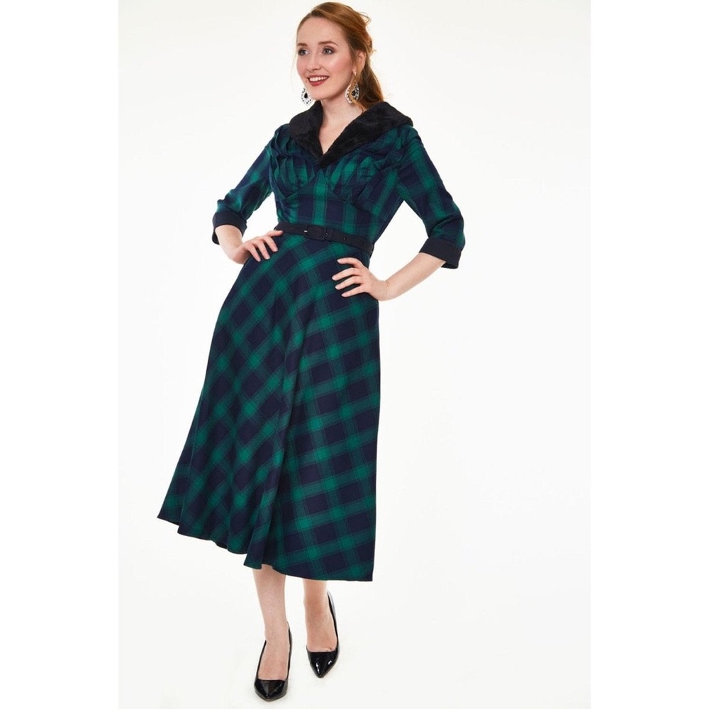 Tartan Flare Dress With Fur Colar